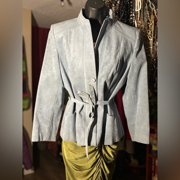 Joy David Jackets & Blazers - Vintage Made in Canada Faux Suede Belted Jacket • Mandarin Collar • Blue Blazer